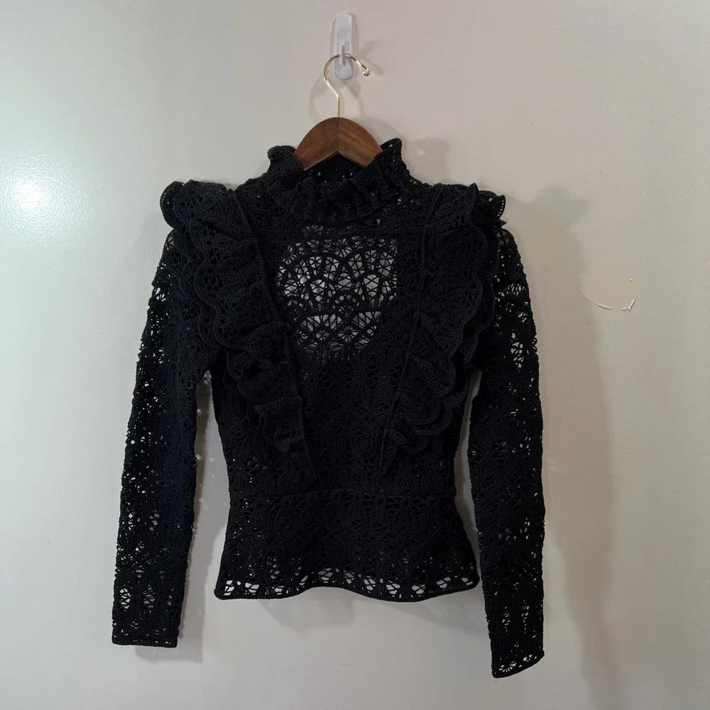 H&M Womens Crochet High Neck Blouse XS Edwardian Ruffle Puff Sleeve Romantic NWT